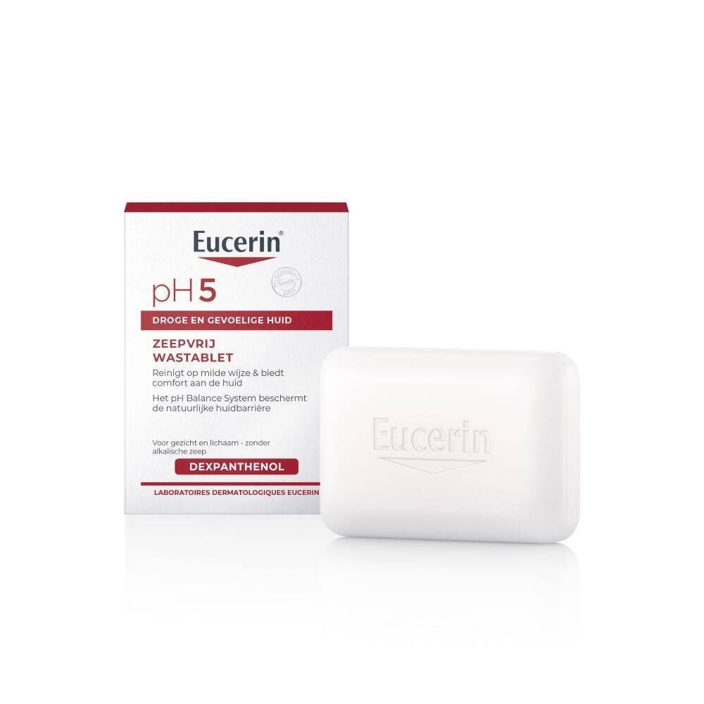 Eucerin pH5 zeepvrij wastablet en verpakking. Witte zeep en doos met rode tekst.