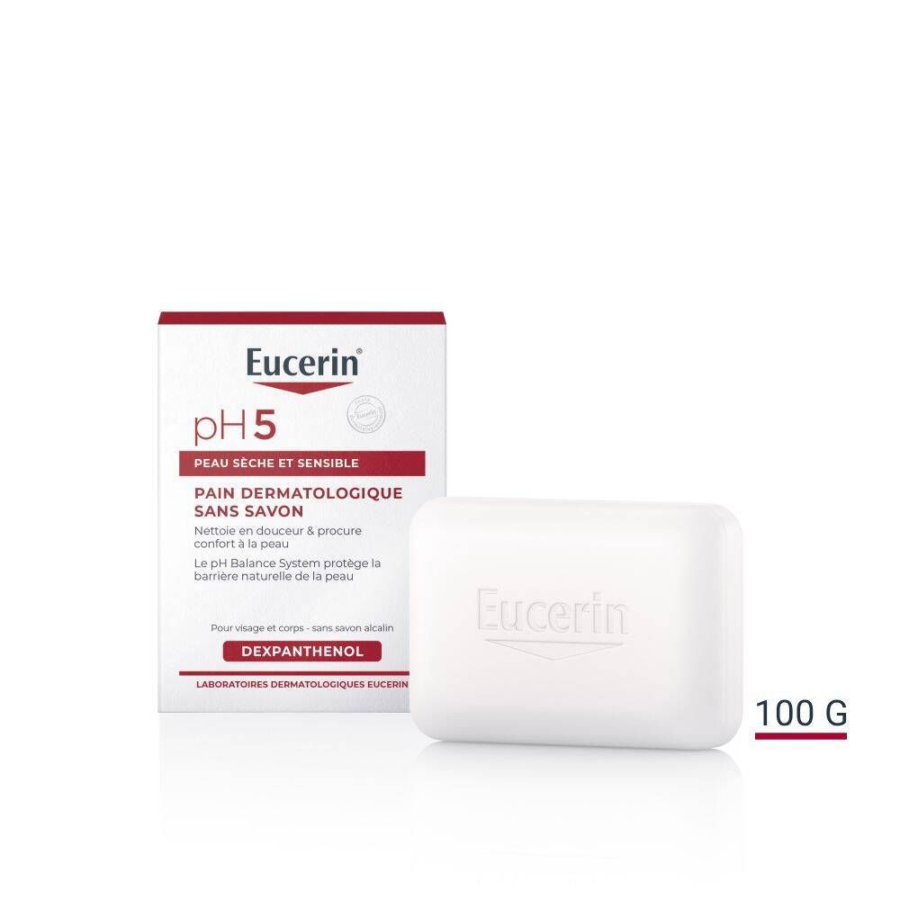 Pain dermatologique sans savon Eucerin pH5 et emballage. Pain de savon blanc, boîte, 100g.