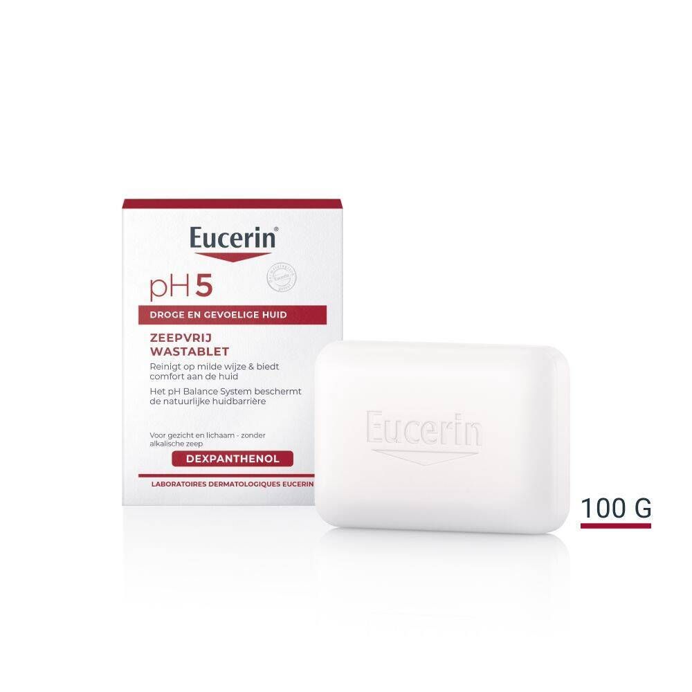 Eucerin pH5 zeepvrij wastablet en verpakking. Witte zeep, doos, 100g.