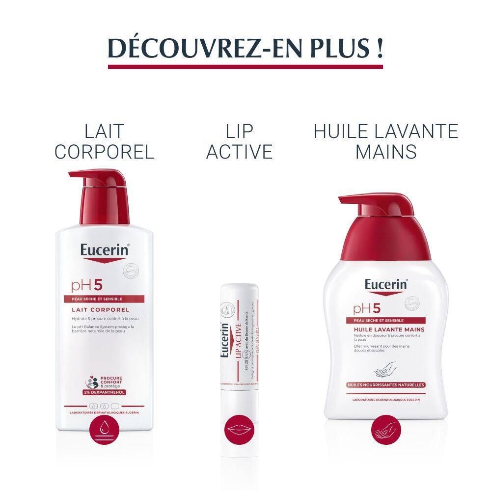 Produits Eucerin pH5: Lait corporel, Lip Active, Huile lavante mains.