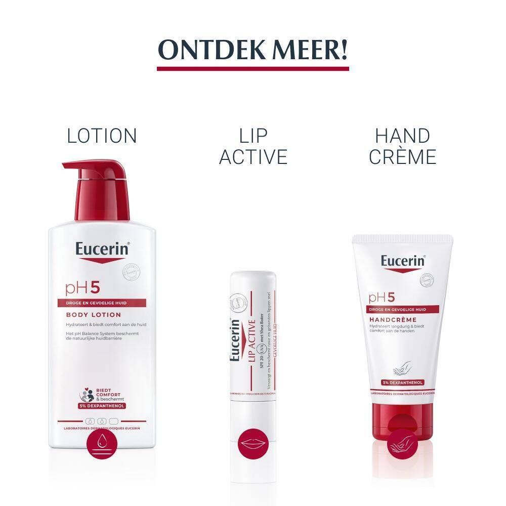 Eucerin pH5 producten: Bodylotion, Lip Active, Handcrème.