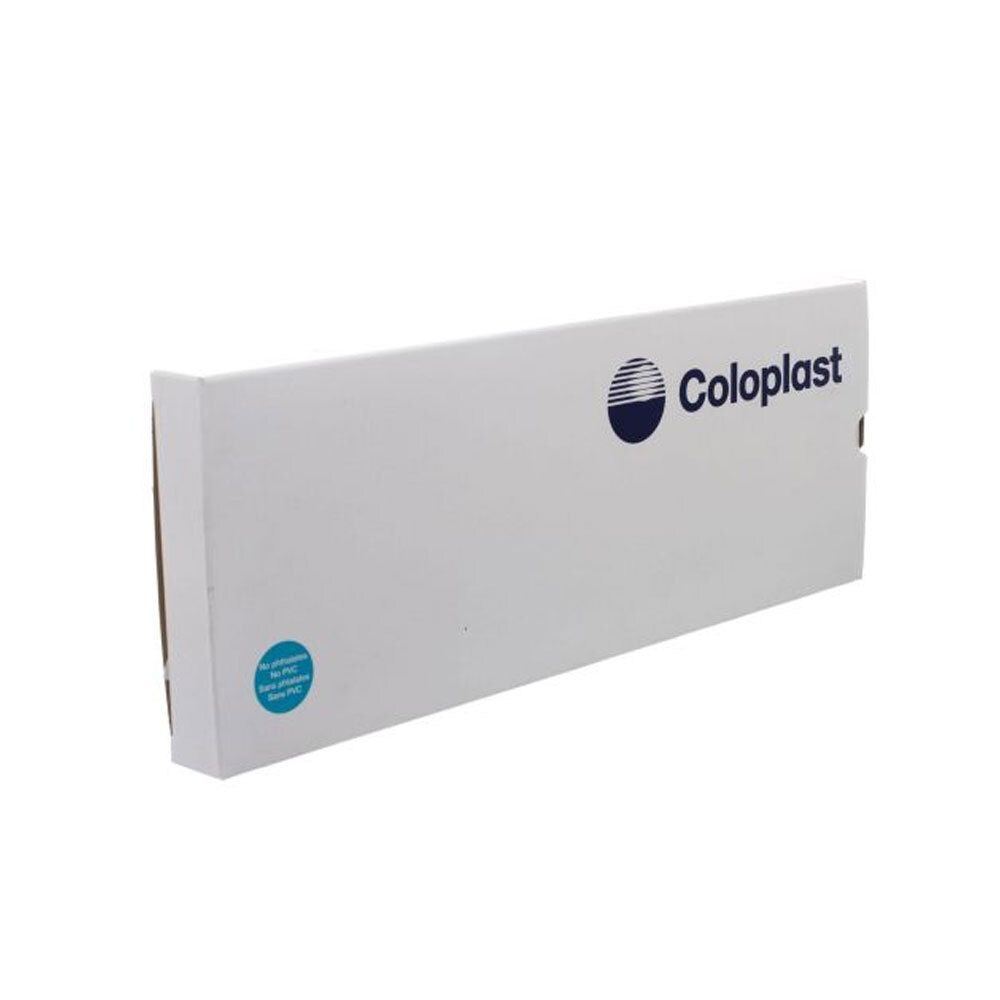 Emballage blanc avec logo Coloplast bleu. Autocollant avec informations produit. Forme rectangulaire.
