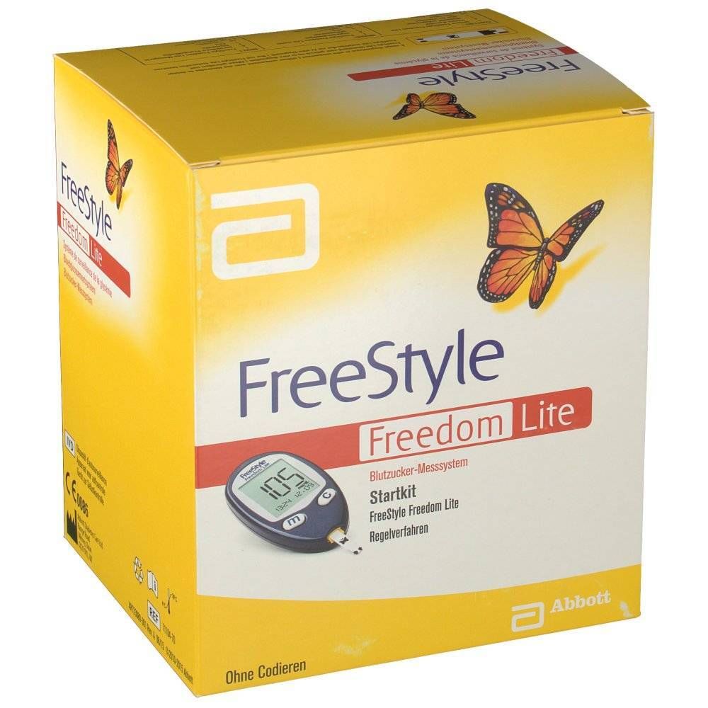 Gele verpakking met "FreeStyle Freedom Lite". Bevat bloedglucosemeetsysteem. Vlindergrafiek en Abbott-logo.