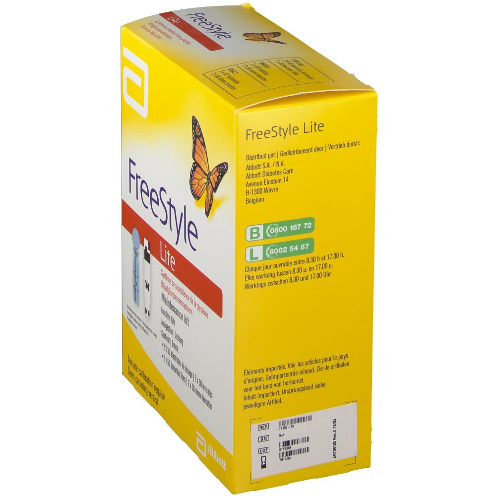 Boîte jaune Freestyle Lite. Papillon orange. Contient des bandelettes. Logo Abbott.