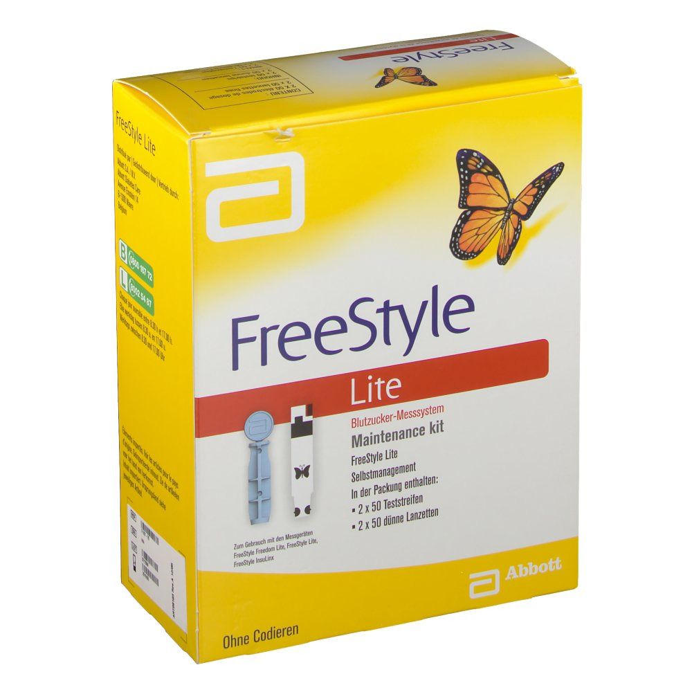 Boîte jaune Freestyle Lite. Système de mesure de la glycémie. Logo Abbott. Avec 2x50 bandelettes.