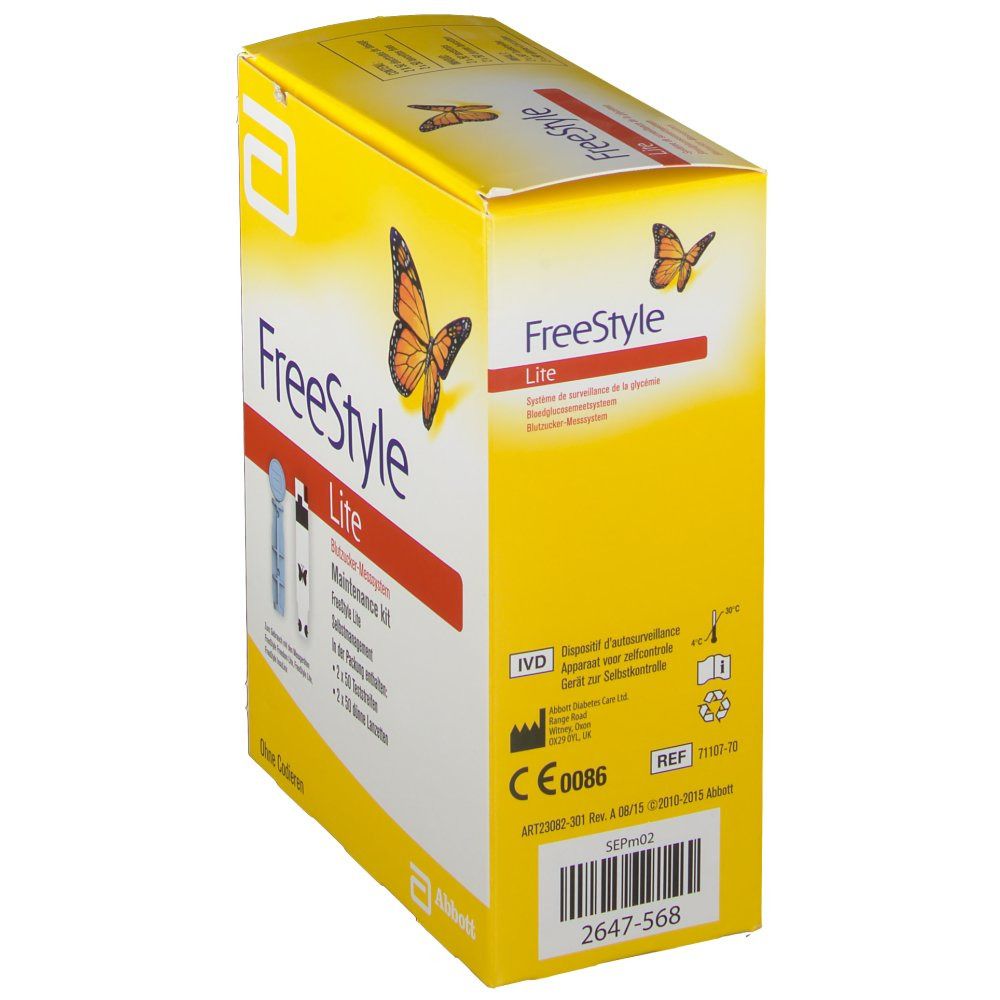 Boîte jaune Freestyle Lite. Contient des bandelettes. Papillon. Marquage CE. Logo Abbott.