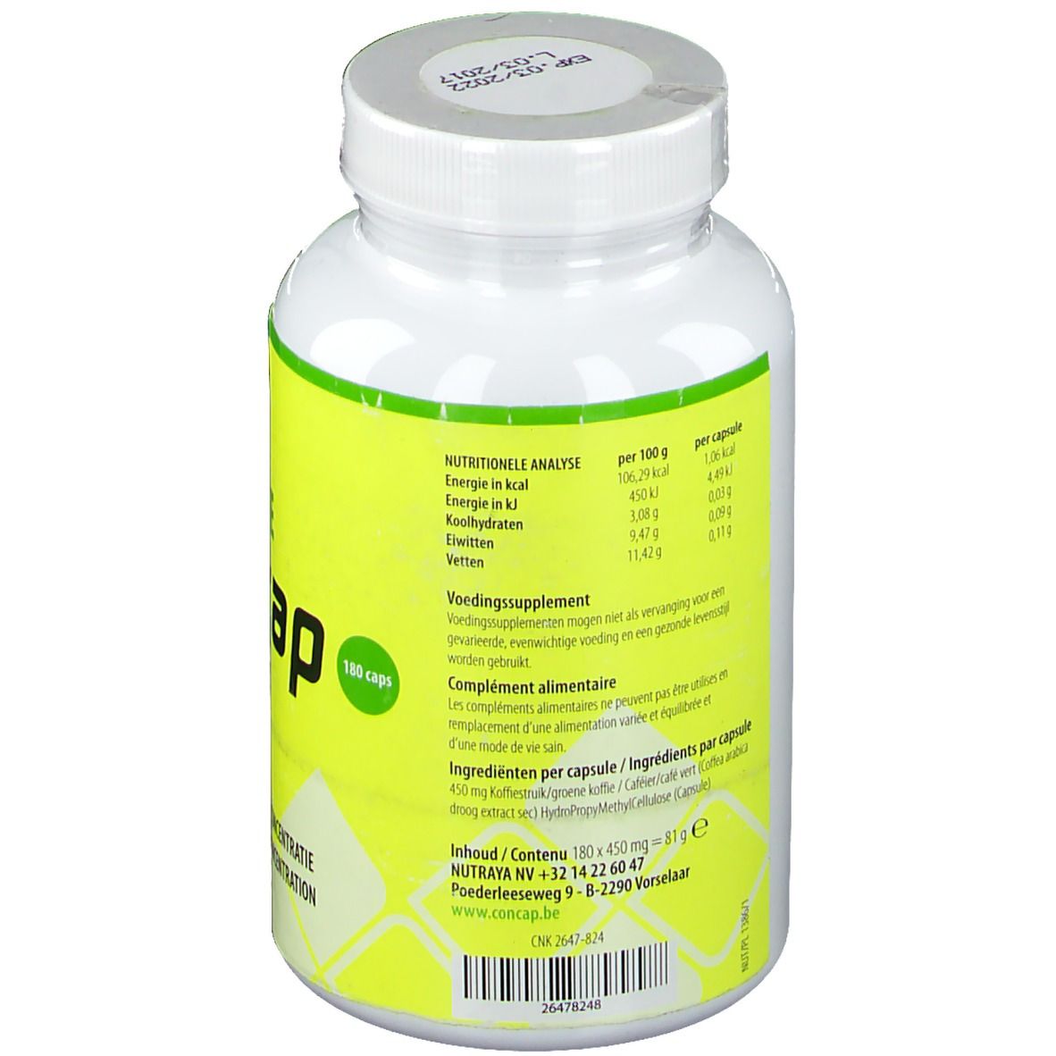 Dos d'un flacon blanc avec étiquette jaune. Texte: NUTRITIONELE ANALYSE. Voedingssupplement. Ingrédients. Adresse du fabricant.
