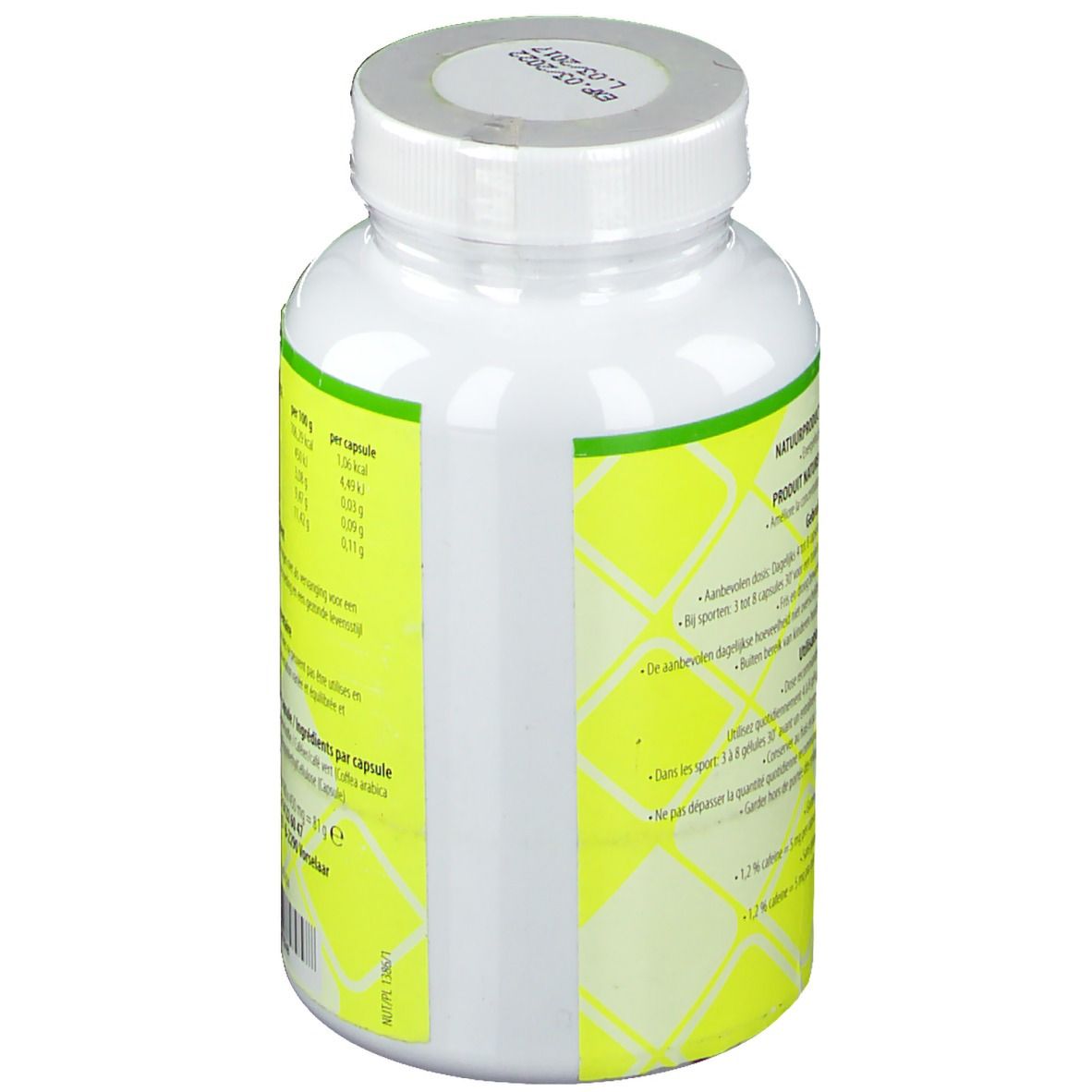 Dos d'un flacon blanc avec étiquette jaune. Texte: NUTRITIONELE ANALYSE. Ingrédients. Adresse du fabricant.