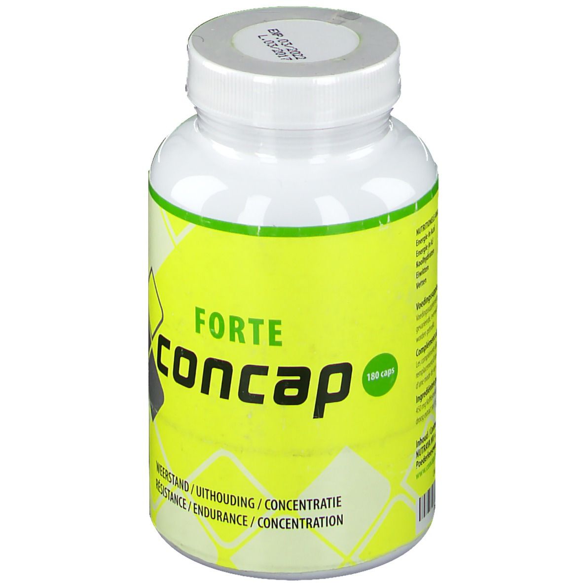 Flacon blanc avec étiquette jaune. Inscription: FORTE concap. 180 caps. Texte: WEERSTAND / UITHOUDING / CONCENTRATIE. RESISTANCE / ENDURANCE / CONCENTRATION.