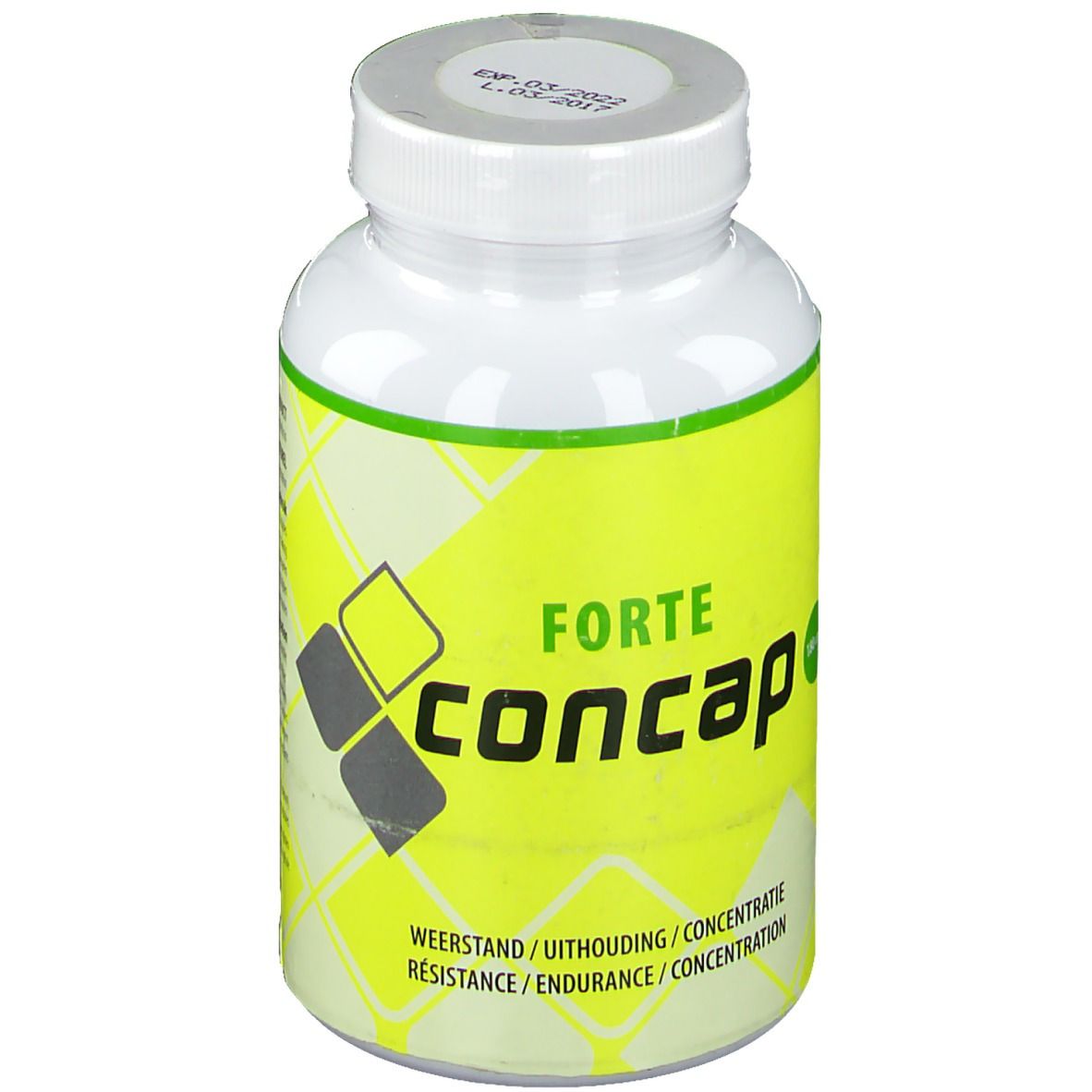 Flacon blanc avec étiquette jaune. Inscription: FORTE concap. Texte: WEERSTAND / UITHOUDING / CONCENTRATIE. RESISTANCE / ENDURANCE / CONCENTRATION.