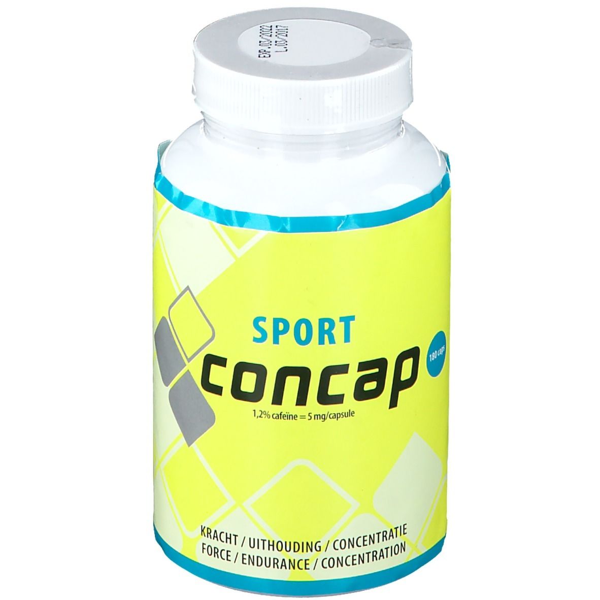 Flacon jaune avec bouchon blanc. Inscription "SPORT concap". Contient 180 gélules. 1,2% de caféine.