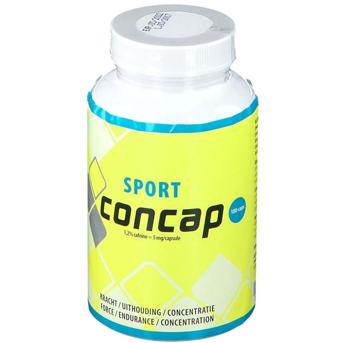 Flacon jaune avec bouchon blanc. Inscription "SPORT concap". Contient 180 gélules. 1,2% de caféine.