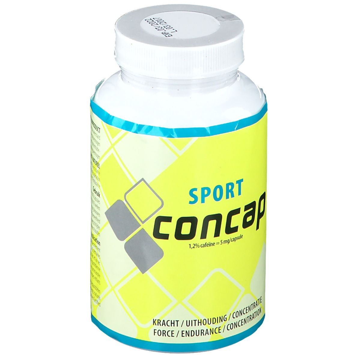 Flacon jaune avec bouchon blanc. Inscription "SPORT concap". Contient 180 gélules. 1,2% de caféine.