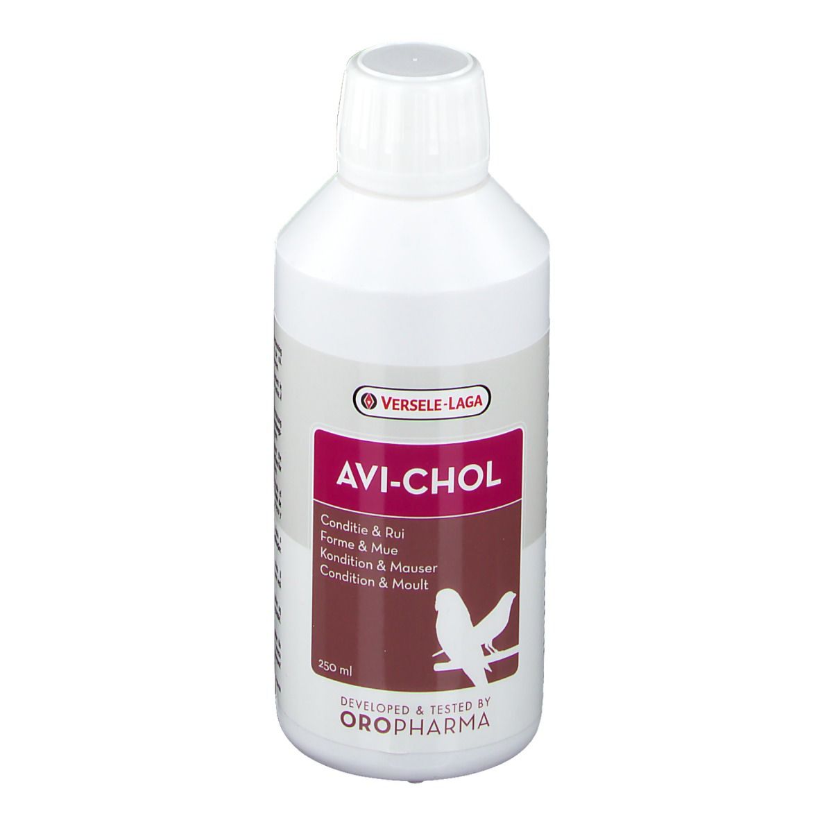 Flacon blanc AVI-CHOL. Contient 250 ml. Marque Versele-Laga. Développé et testé par Oropharma.