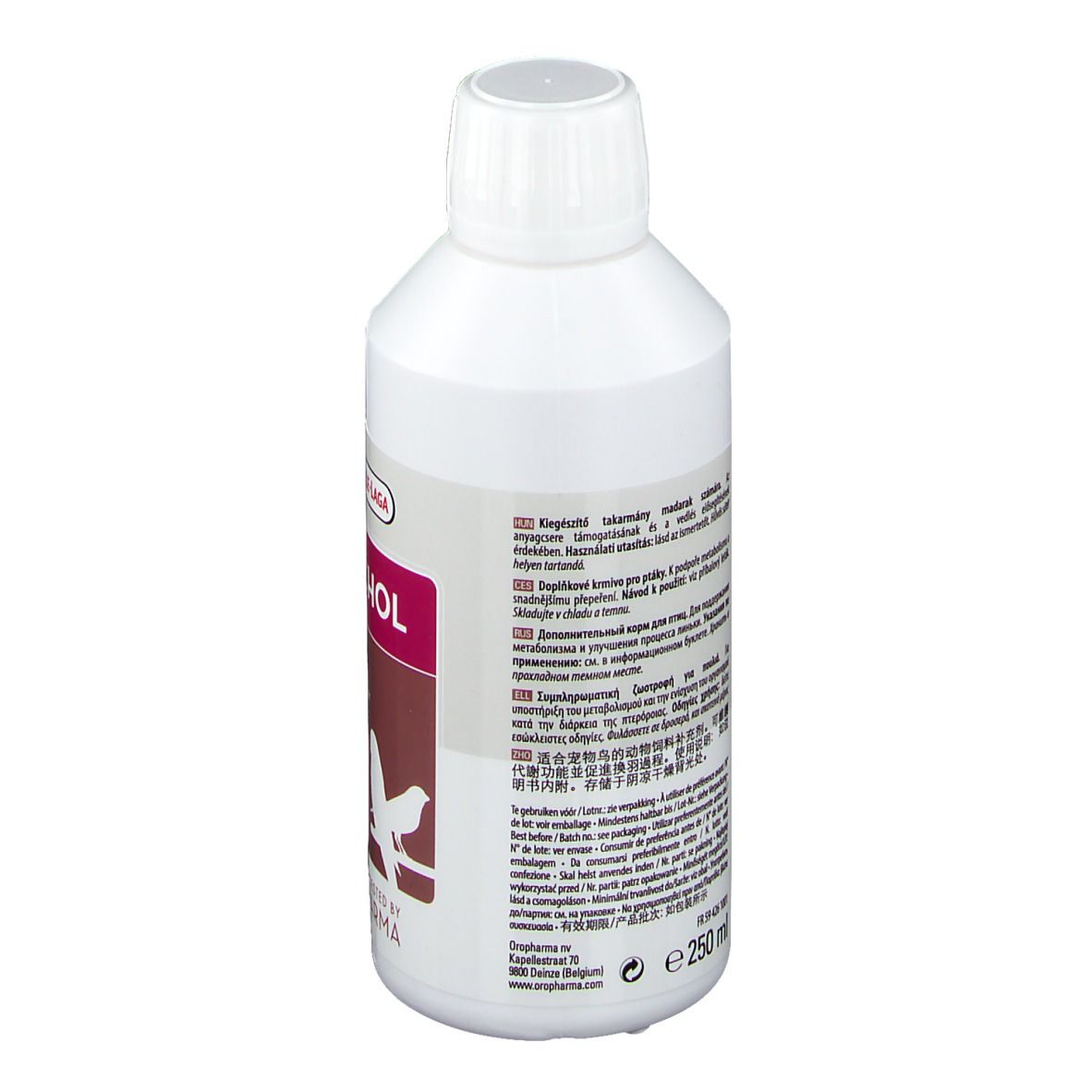 Dos d'une bouteille blanche AVI-CHOL. Texte multilingue. Marque Versele-Laga. 250 ml.