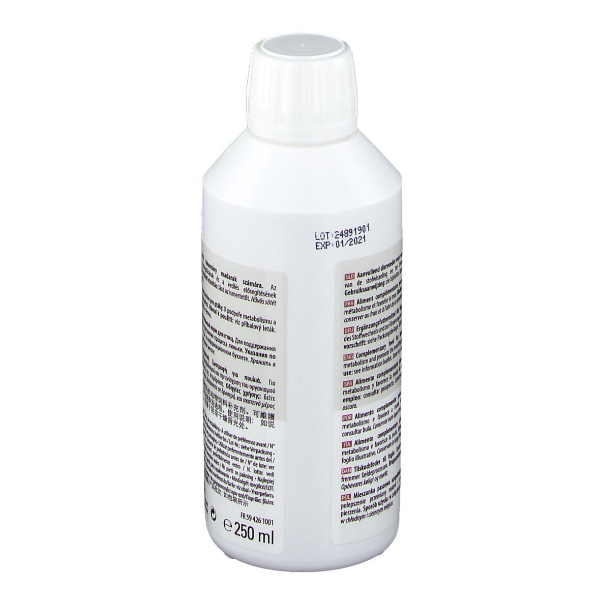 Dos d'une bouteille blanche AVI-CHOL. Texte multilingue. Marque Versele-Laga. 250 ml.