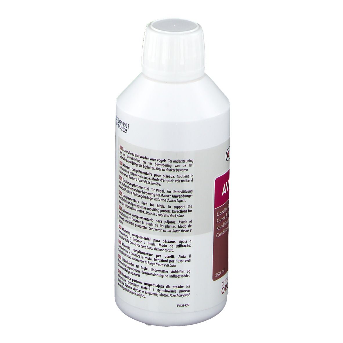 Dos d'une bouteille blanche AVI-CHOL. Texte multilingue. Marque Versele-Laga. 250 ml.