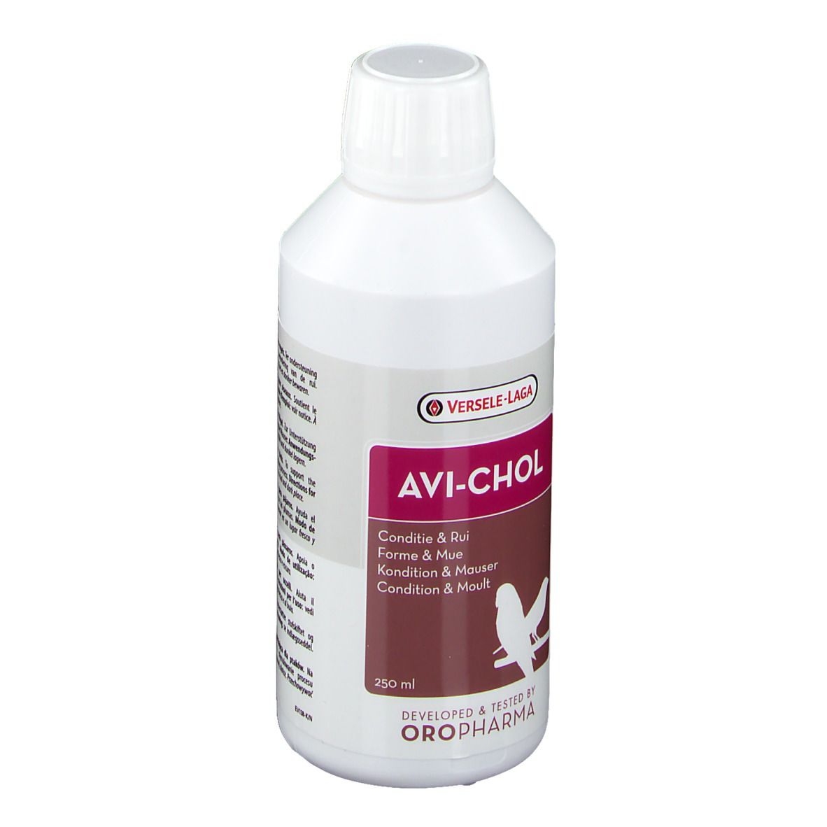 Flacon blanc AVI-CHOL. Contient 250 ml. Marque Versele-Laga. Développé et testé par Oropharma.