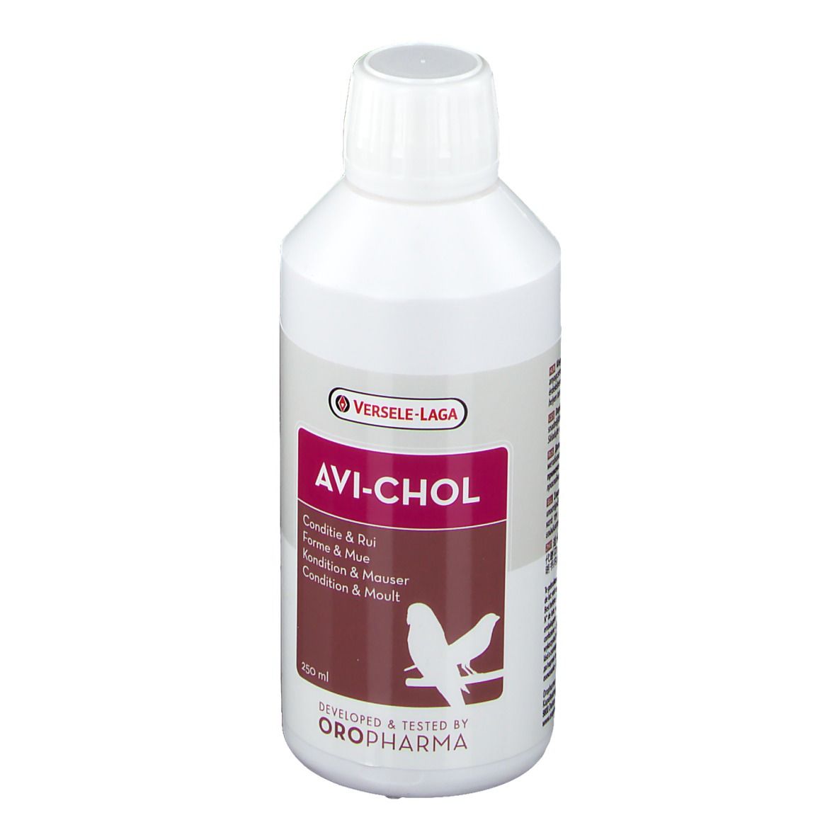Flacon blanc AVI-CHOL. Contient 250 ml. Marque Versele-Laga. Développé et testé par Oropharma.