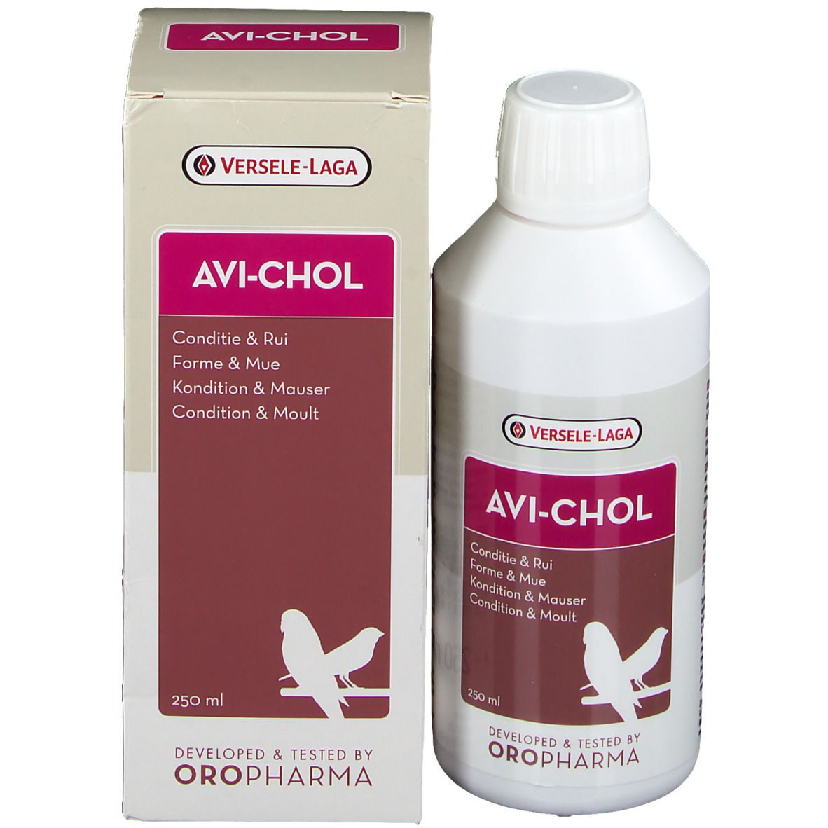 Flacon et emballage AVI-CHOL. Contient 250 ml. Marque Versele-Laga. Développé et testé par Oropharma.