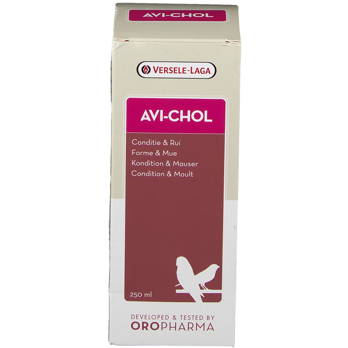 Emballage AVI-CHOL. Contient 250 ml. Marque Versele-Laga. Développé et testé par Oropharma.