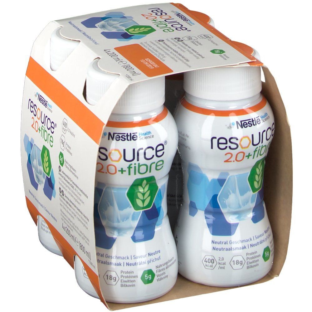 Emballage de quatre bouteilles Resource 2.0+fibre. Bouteilles blanches avec bouchons blancs. Logo: Nestlé Health Science. Goût neutre.