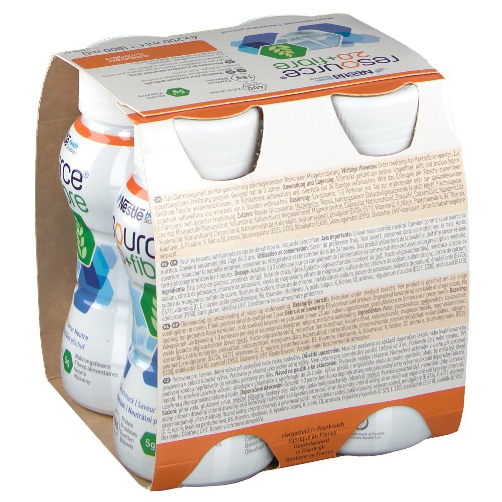 Emballage de quatre bouteilles Resource 2.0+fibre. Dos avec texte. Logo: Nestlé Health Science. Goût neutre. Bouteilles avec bouchons blancs.