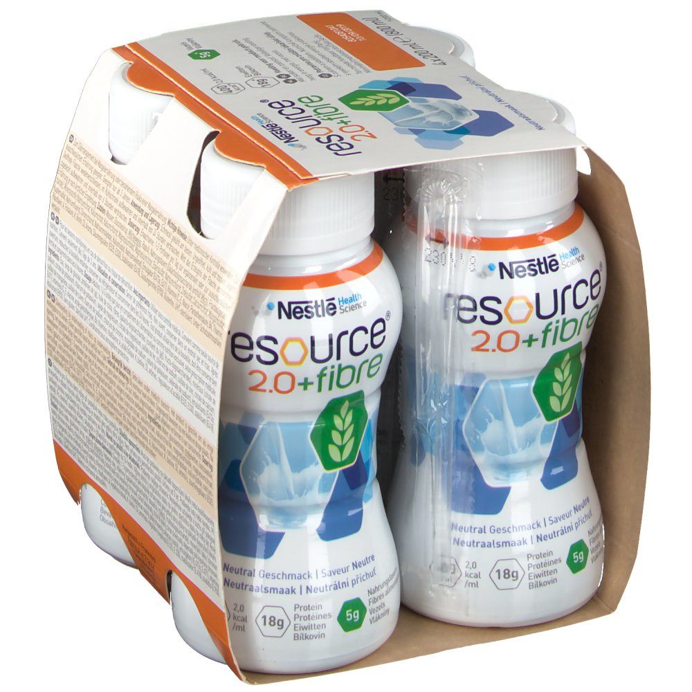 Emballage de quatre bouteilles Resource 2.0+fibre. Bouteilles avec bouchons blancs. Logo: Nestlé Health Science. Goût neutre. Informations nutritionnelles.