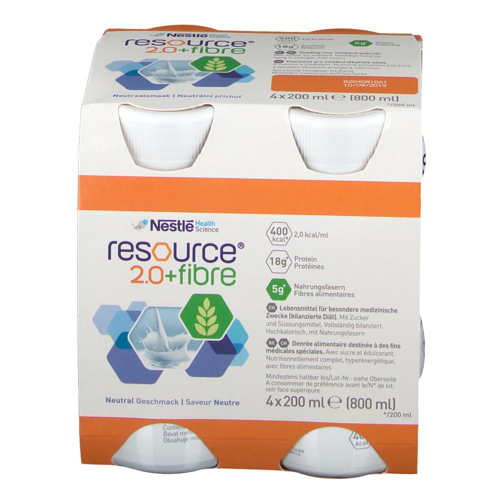 Emballage de quatre bouteilles Resource 2.0+fibre. Logo: Nestlé Health Science. Goût neutre. Informations nutritionnelles. Bouteilles avec bouchons blancs.
