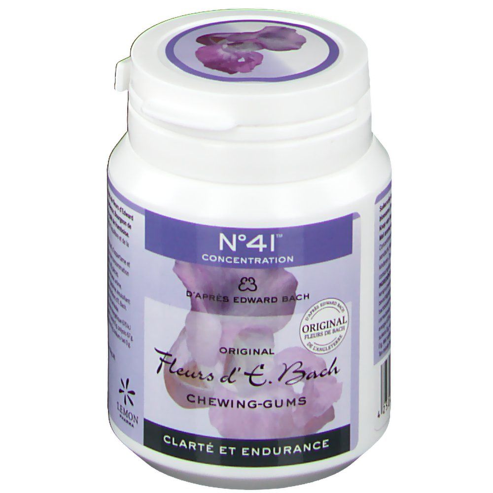 Boîte blanche avec étiquette violette. Inscription: N°41 Concentration, Fleurs d'E. Bach, Chewing-Gums. Sceau: Original Fleurs de Bach.