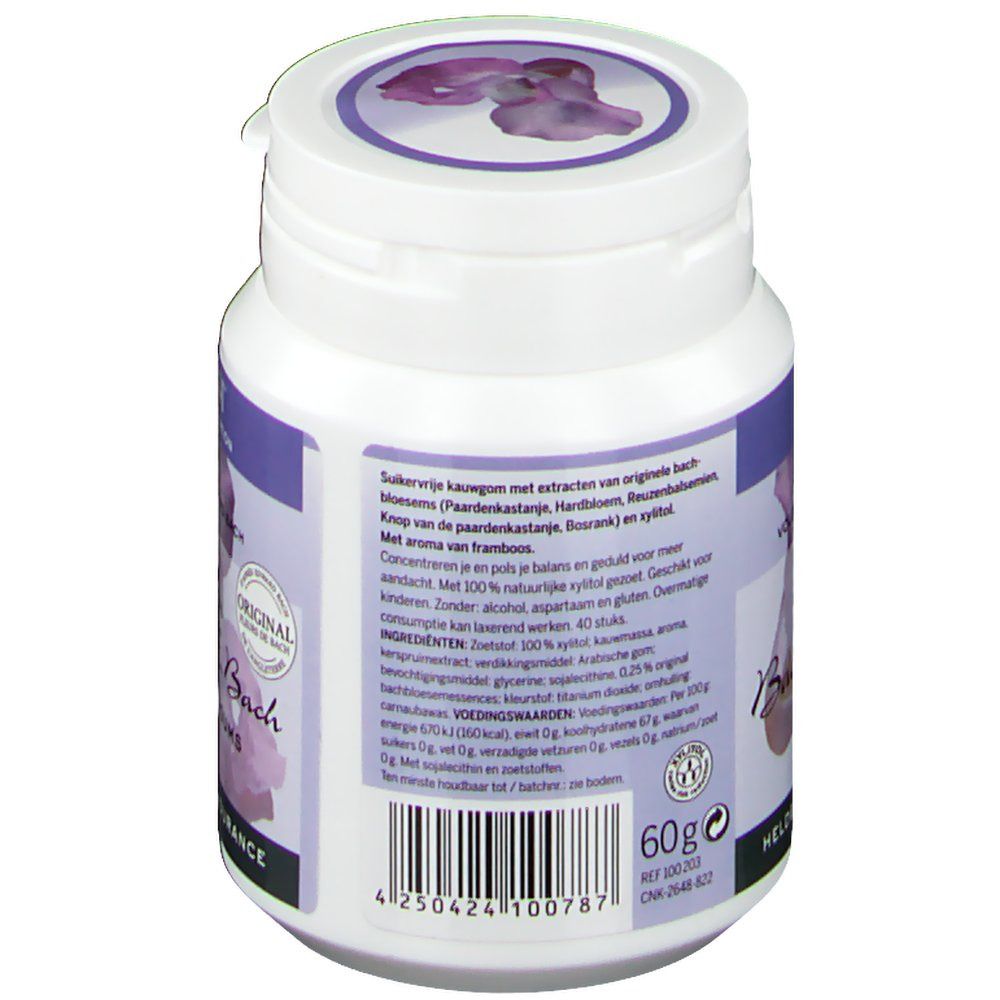 Dos de la boîte blanche. Texte multilingue. Sceau: Original Fleurs de Bach. Code-barres et indication de poids: 60g.