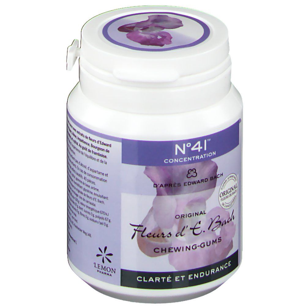 Boîte blanche avec étiquette violette. Inscription: N°41 Concentration, Fleurs d'E. Bach, Chewing-Gums. Sceau: Original Fleurs de Bach.