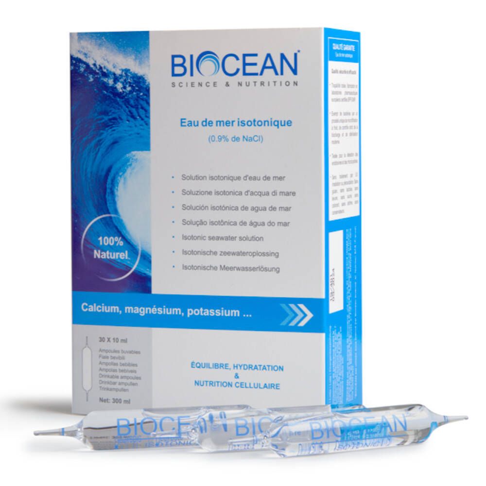 Biocean-verpakking met ampullen. Wit-blauwe doos met golfmotief. Twee ampullen voor de doos.