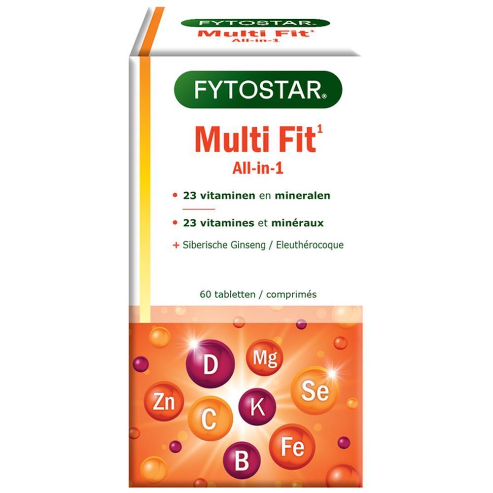 Verpakking van voedingssupplementen. Opschrift: FYTOSTAR Multi Fit, 23 vitaminen en mineralen, 60 tabletten. Met vitamine- en mineralensymbolen.