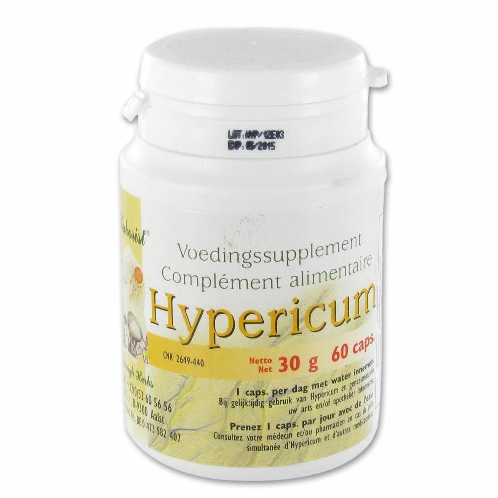 Flacon blanc avec couvercle. Inscription 'Hypericum' et '60 caps'. Étiquette jaune avec texte. Logo Herborist.