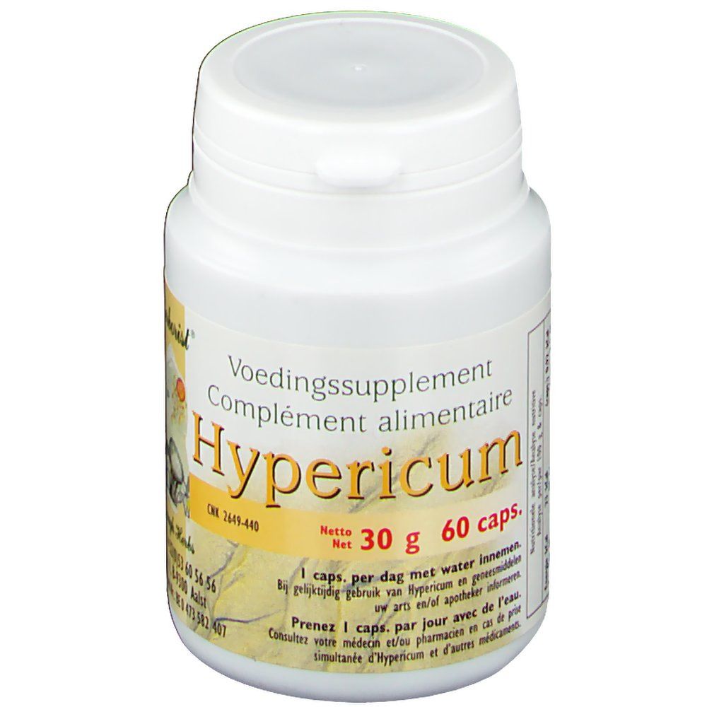 Flacon blanc avec couvercle. Inscription 'Hypericum' et '60 caps'. Étiquette jaune avec texte. Logo Herborist.