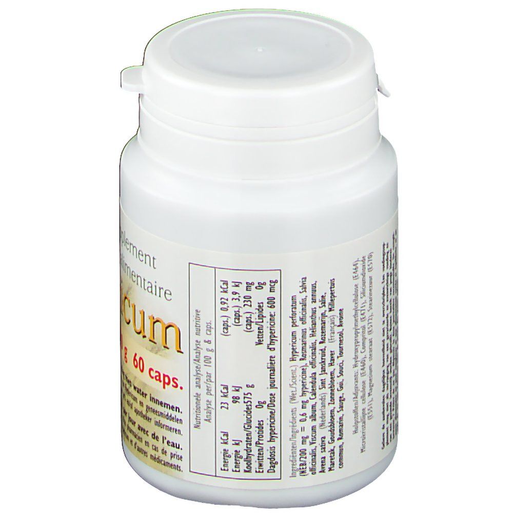 Flacon blanc avec couvercle. Dos avec texte et informations nutritionnelles. Inscription 'Hypericum' et '60 caps'.