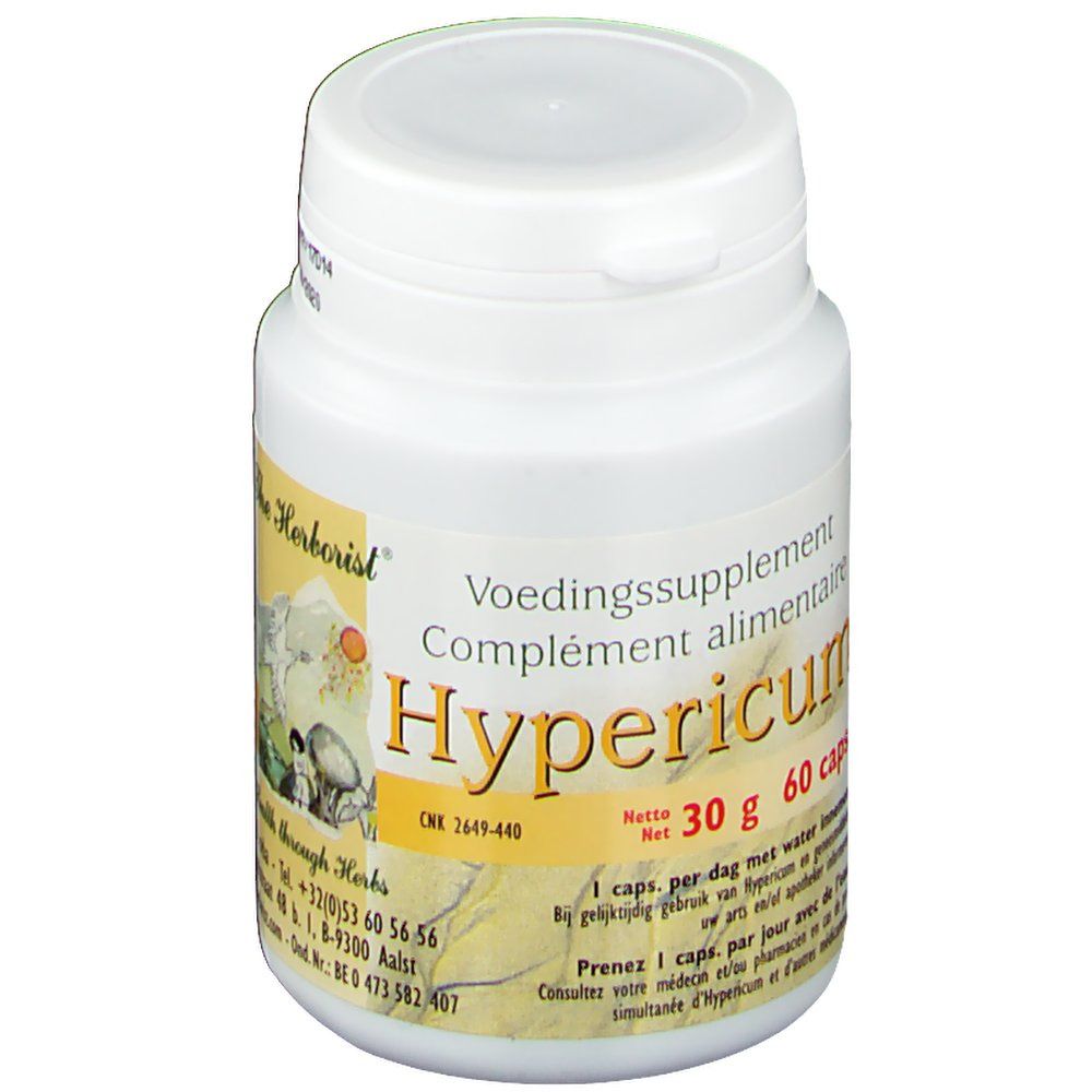 Flacon blanc avec couvercle. Inscription 'Hypericum' et '60 caps'. Étiquette jaune avec texte. Logo Herborist.