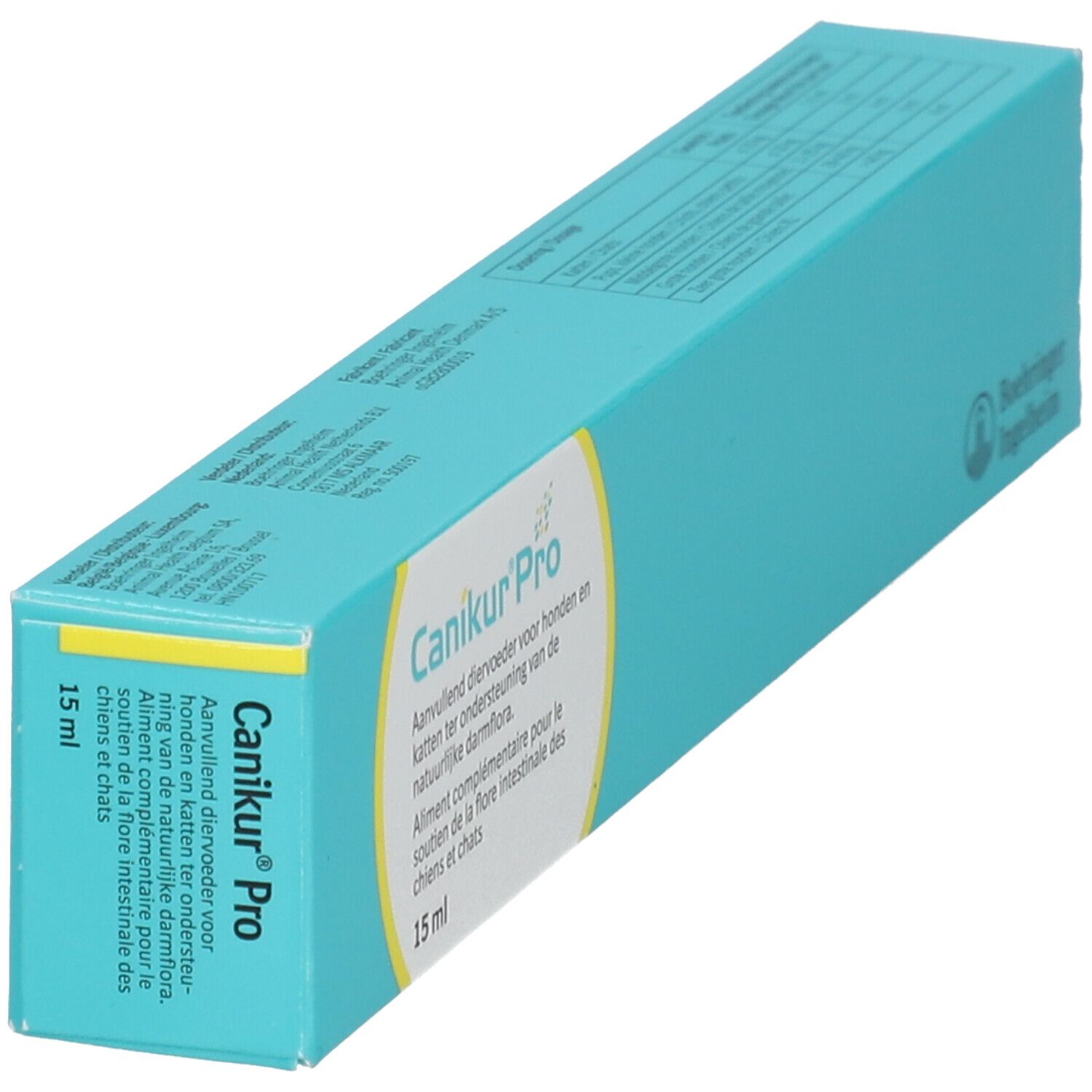 Turquoise doos, schuin. Productnaam en tekst in het Nederlands en Frans. Boehringer Ingelheim logo.