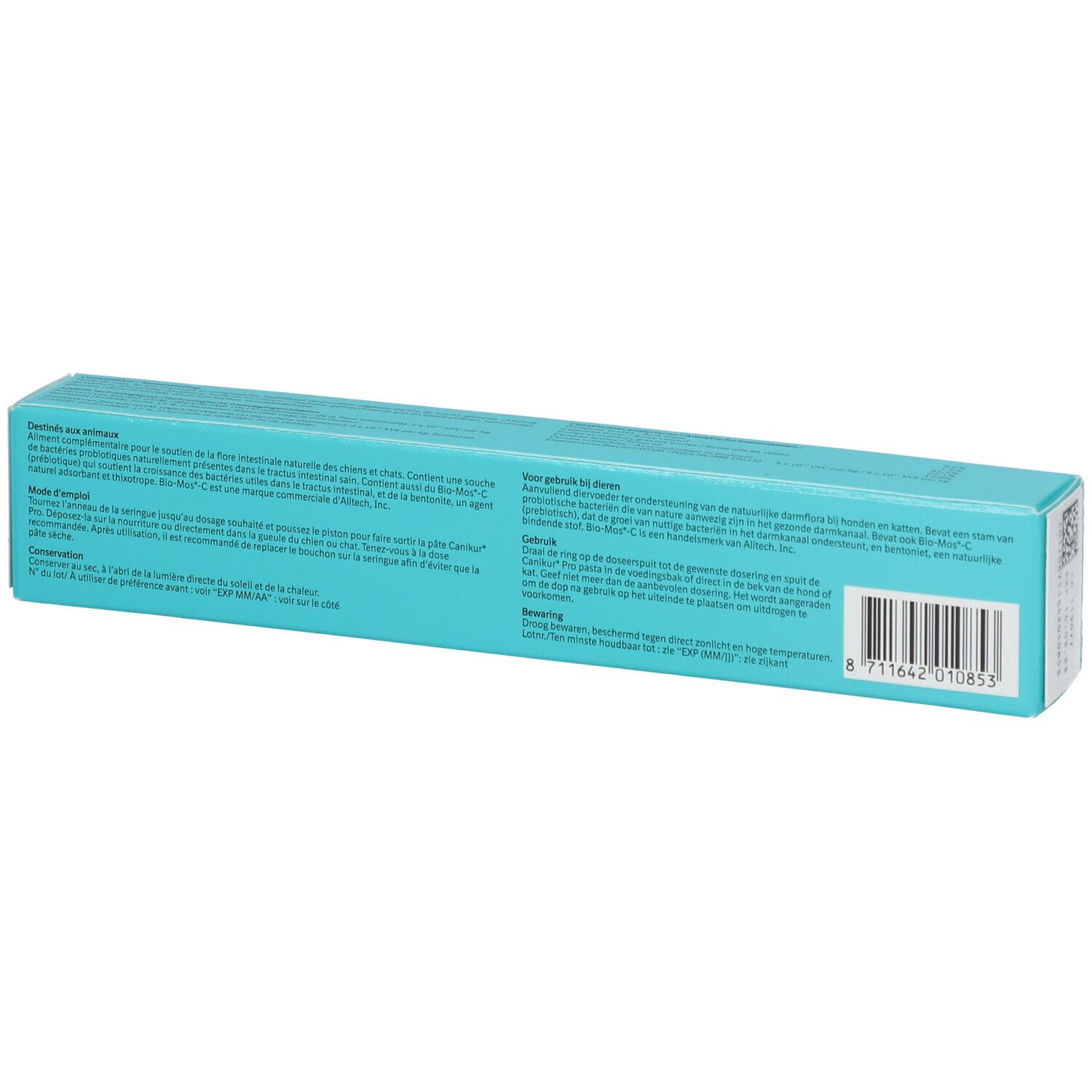 Achterkant van een turquoise doos. Tekst in het Nederlands en Frans. Streepjescode en fabrikantinfo.