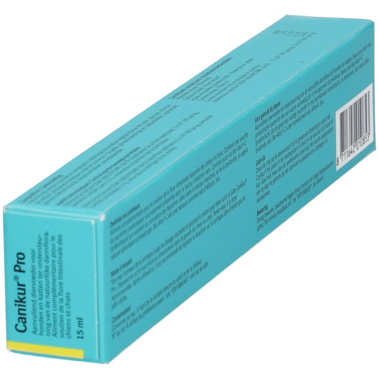 Turquoise doos, schuin. Tekst in het Nederlands en Frans. Streepjescode en fabrikantinfo.