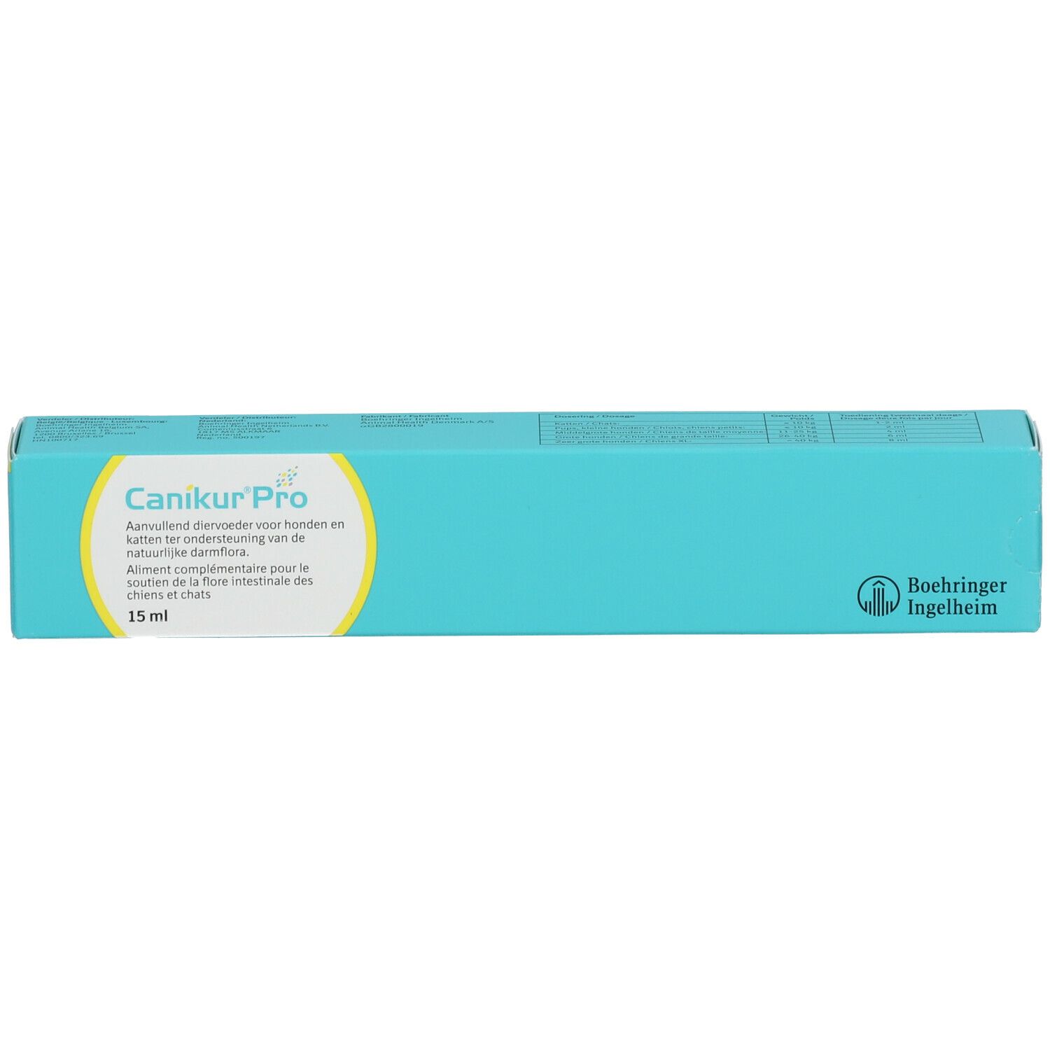 Turquoise doos met productnaam en logo. Tekst in het Nederlands en Frans. Boehringer Ingelheim logo.