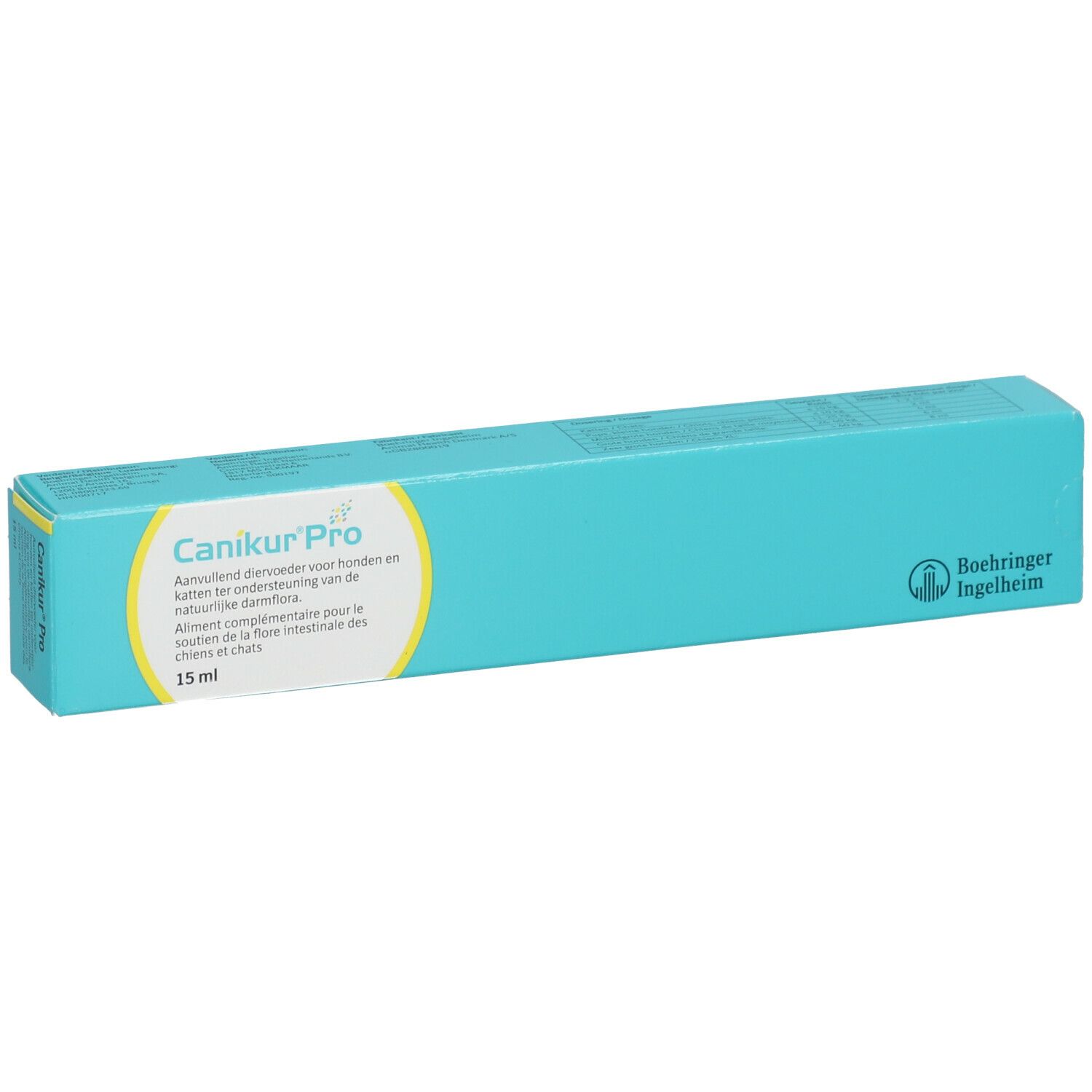 Turquoise doos met productnaam en logo. Tekst in het Nederlands en Frans. Boehringer Ingelheim logo.