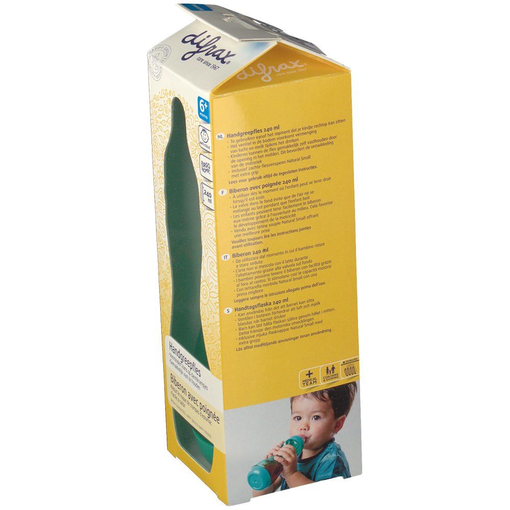 Rückseite der gelben Verpackung. Aufdruck: difrax, 6+. Text in mehreren Sprachen. Babyflasche mit Griffmulde. Kind trinkt aus Flasche.