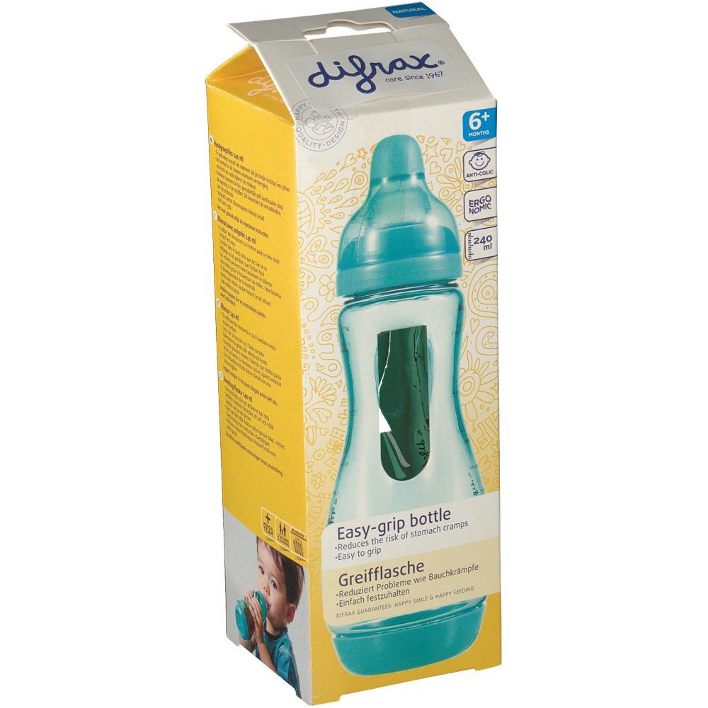 Babyflasche in gelber Verpackung. Aufdruck: difrax, 6+, 240 ml. Türkisgrüne Flasche mit Griffmulde. Text: Easy-grip bottle, Greifflasche.