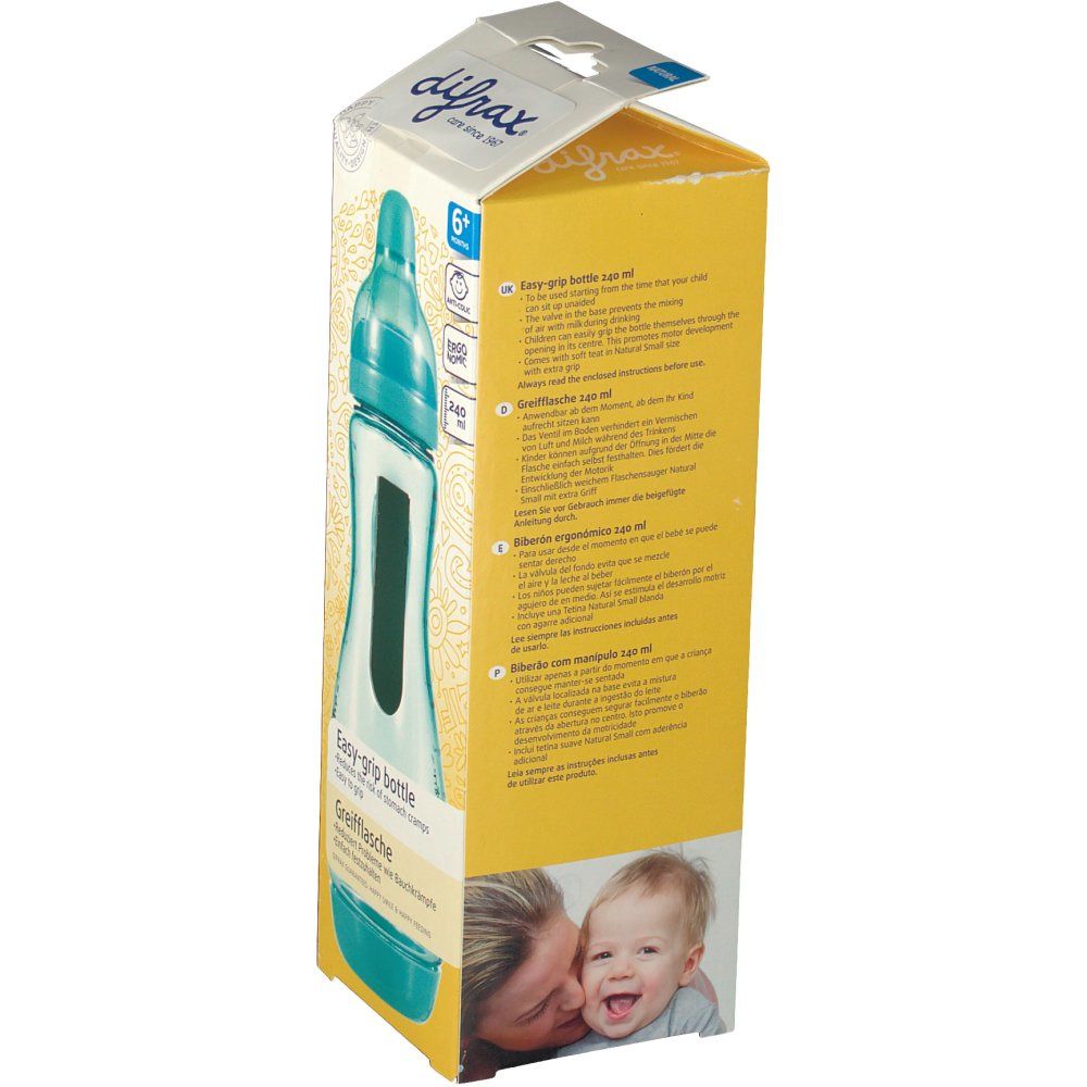 Rückseite der gelben Verpackung. Aufdruck: difrax, 6+, 240 ml. Türkisgrüne Babyflasche. Text: Easy-grip bottle, Greifflasche. Kind mit Flasche.
