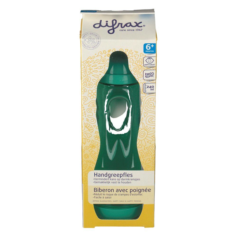 Grüne Babyflasche. Aufdruck: difrax, 6+, 240 ml. Flasche mit Griffmulde. Text: Handgreepfles, Biberon avec poignée. Grüne Kappe und Boden.