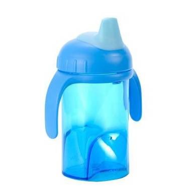 Blauwe beker met twee handvatten en zachte tuit. Transparante houder. Ergonomisch ontwerp.