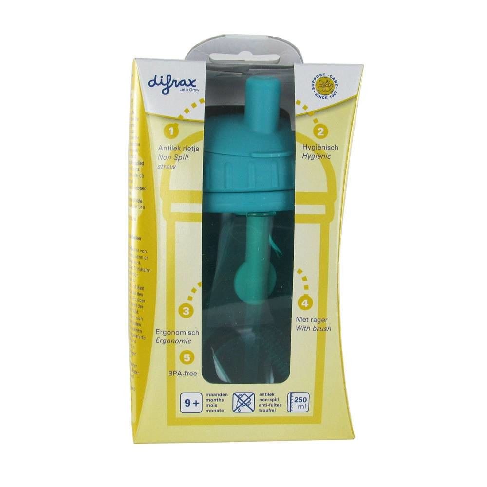 Gobelet avec paille dans emballage. Couvercle et paille turquoise. Inscriptions : sans BPA, 250 ml.