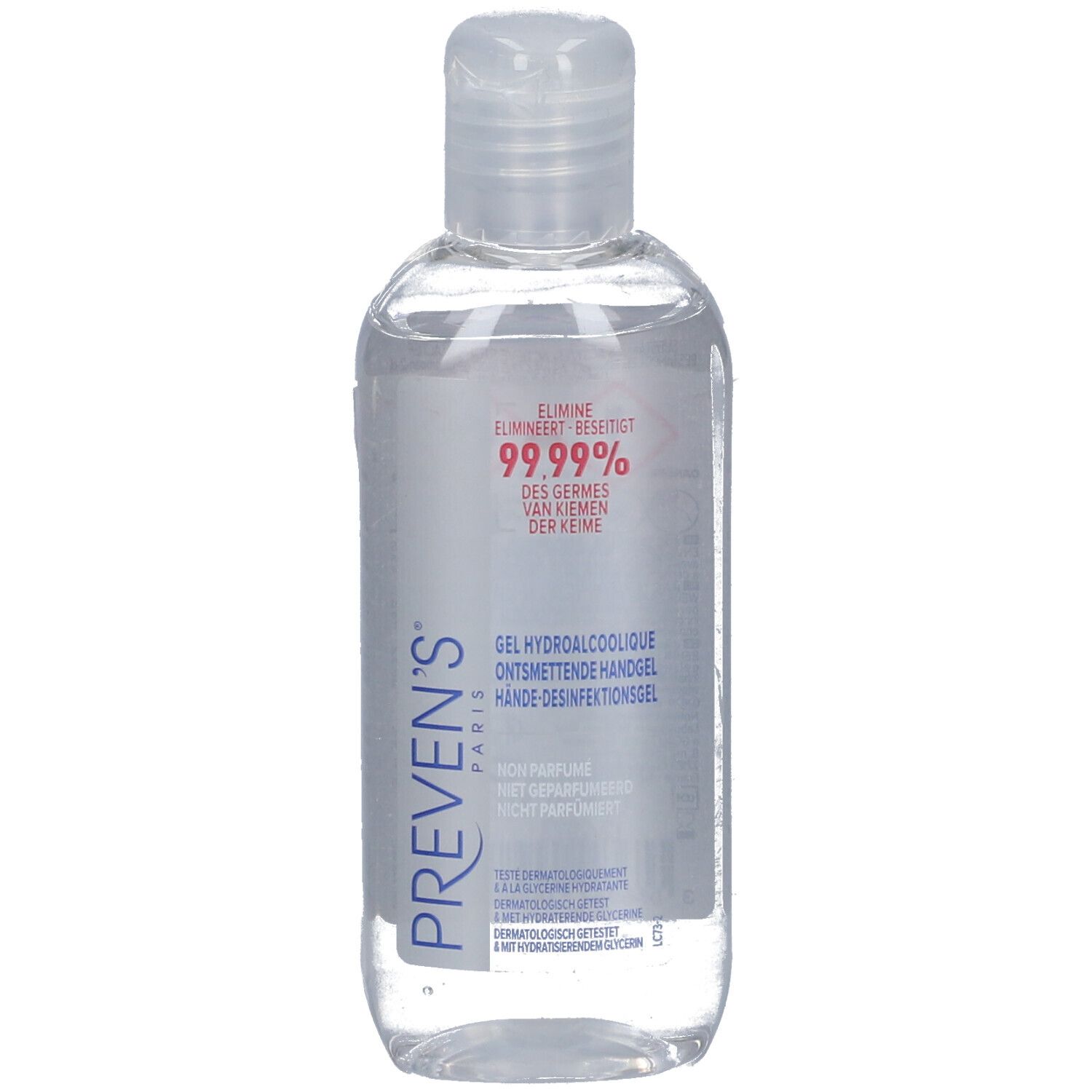 Flacon transparent avec bouchon à vis. Inscription : Preven's, gel hydroalcoolique. Élimine 99,99% des germes.